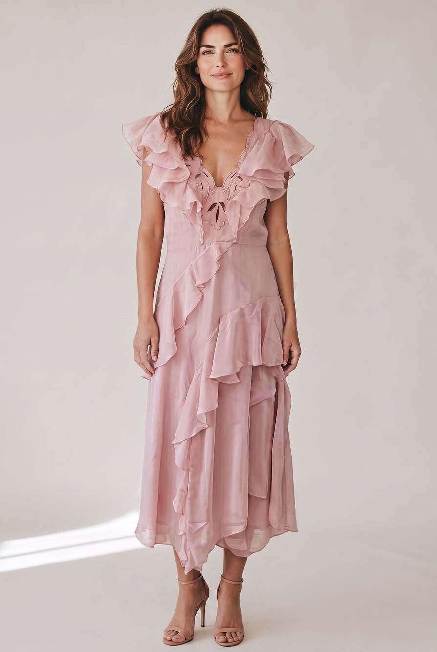 Rebecca Taylor Pink Silk Chiffon Ruffle Asymmetrical Midi Dress